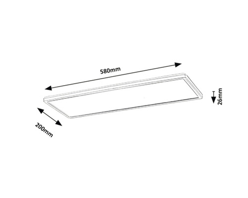 Desen tehnic al unei lămpi LED dreptunghiulare cu dimensiunile de 580 mm lungime, 200 mm lățime și 26 mm înălțime.