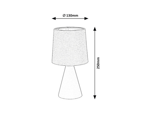 Schiță a unei lămpi de masă cu dimensiunile de 130 mm diametru și 250 mm înălțime.