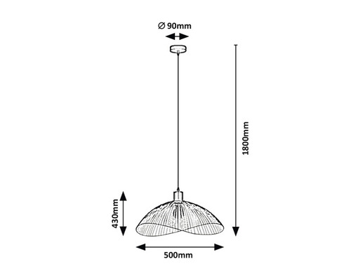 Desen tehnic al unui corp de iluminat suspendat cu dimensiunile: diametru 90 mm, înălțime 1800 mm, lățime 500 mm și adâncime 430 mm.