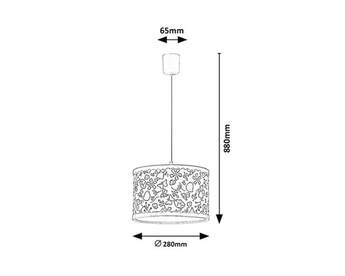 Desen tehnic al unei lămpi suspendate cu motiv floral și dimensiuni indicate