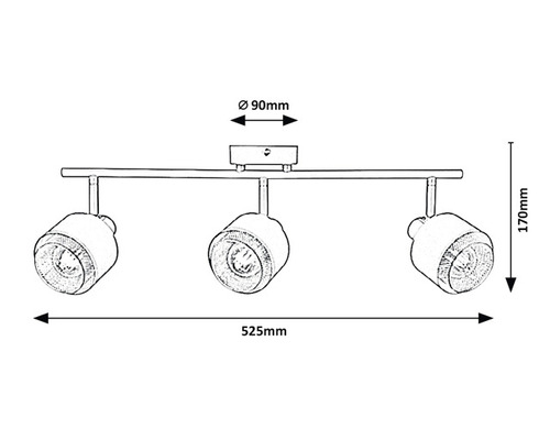 Desen tehnic al unei plafoniere cu trei lumini cu dimensiuni