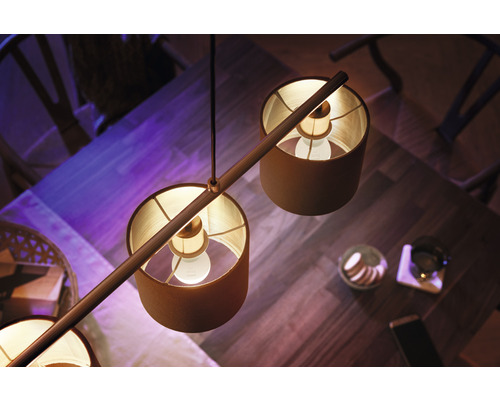 Lampa suspendată cu abajururi deasupra unei mese, vedere de sus