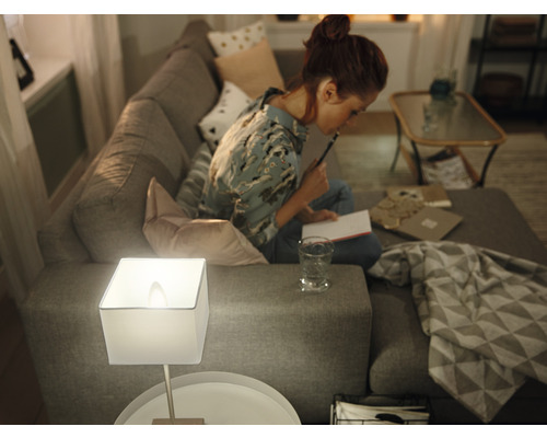 Cameră de zi cu canapea, lampă de masă și o femeie așezată pe canapea și scriind.