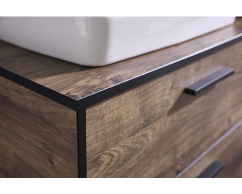 Vizualizare detaliată a unui dulap de bază pentru lavoar cu decor din lemn și sertare