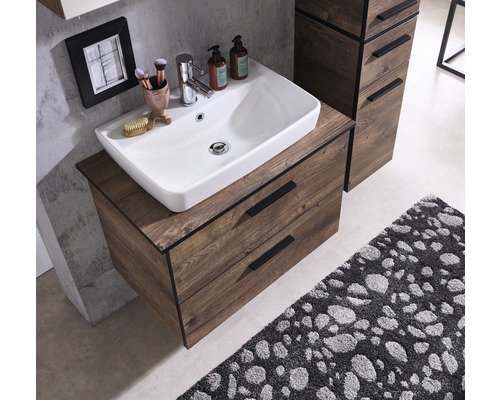 Mobilier de baie cu aspect de lemn, lavoar aplicat, baterie și sertare