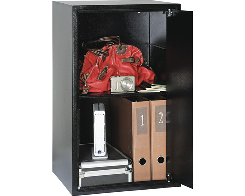 Seifă de mobilier deschisă cu poșetă, cameră, documente și bibliorafturi