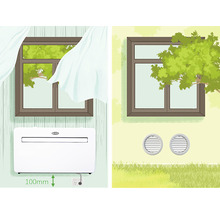 Ilustrație a unei camere cu un aparat de aer condiționat sub o fereastră cu o cortină