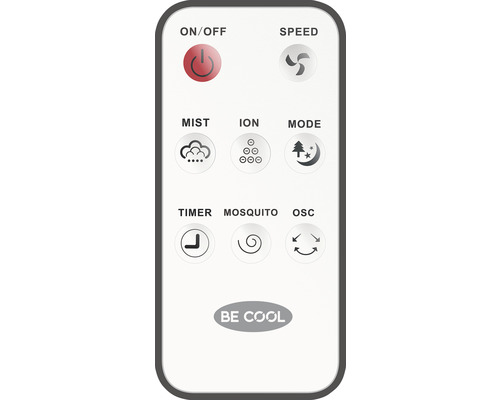 Telecomandă Be Cool cu butoane pentru pornire/oprire, viteză, ceață, ioni, mod, temporizator, protecție împotriva țânțarilor și oscilație