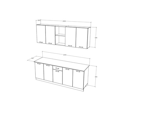 Schiță a unui corp de bucătărie cu dulapuri superioare și inferioare, inclusiv dimensiuni