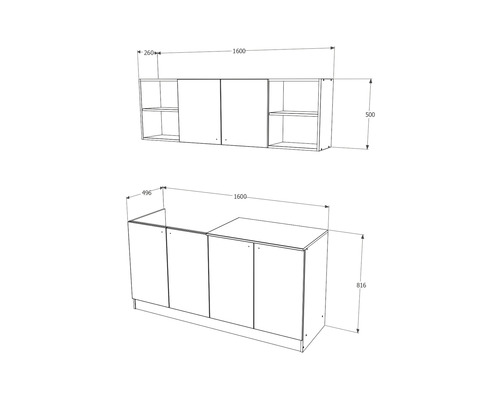 Schiță a unei chicinete cu dulap suspendat și dulapuri inferioare cu dimensiuni
