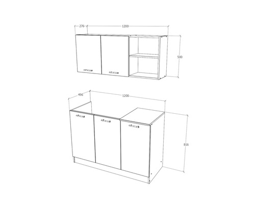 Desen tehnic cu dimensiunile unui bloc de bucătărie.