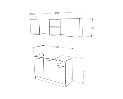 Desen tehnic al unui set de bucătărie cu dimensiuni
