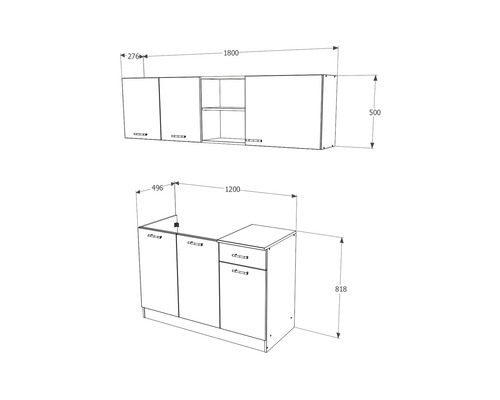 Schiță a unui corp de bucătărie cu dimensiuni
