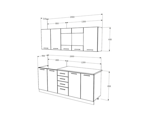 Schiță de bucătărie cu dimensiunile corpurilor inferioare și superioare