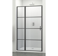 Cabină de duș cu cadru negru și sticlă transparentă într-o baie.