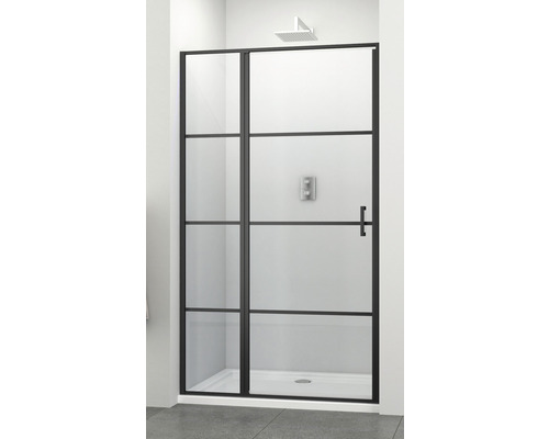 Cabină de duș cu cadru negru și sticlă transparentă într-o baie.