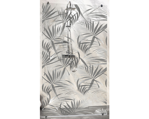 Paravan de duș din sticlă cu motiv cu palmieri și armătură de duș