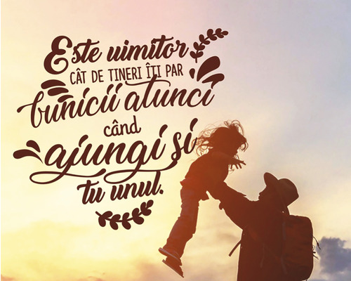Silueta unui tată care își ține copilul în aer, însoțită de un citat românesc