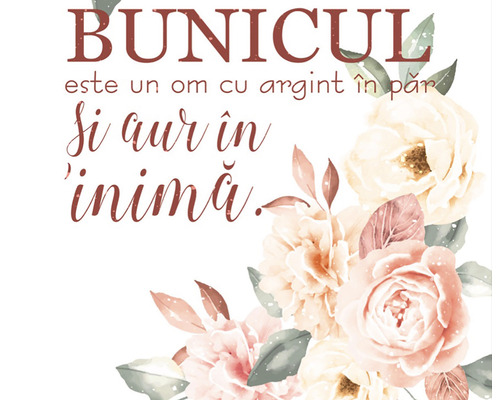 Ilustrație cu flori și textul ''Bunicul este un om cu argint în păr și aur în inimă''