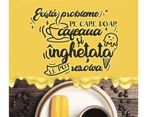 Ilustrație cu inscripția: Există probleme pe care doar cafeaua și înghețata le pot rezolva.