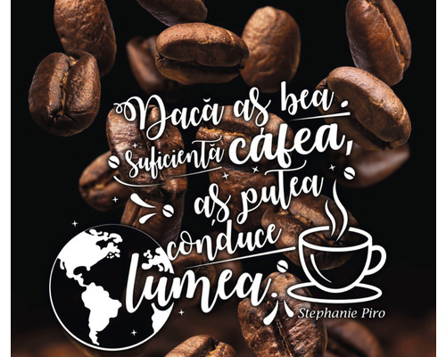 Ilustrație cu boabe de cafea, ceașcă și citat