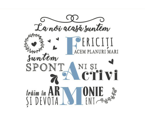 Scris cu fraza românească: La noi acasa suntem fericiti, facem planuri mari, suntem spontani si activi, traim in armonie si devota