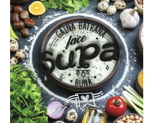 Un castron cu supă înconjurat de ingrediente precum legume, ouă și condimente.