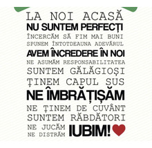 Tipografie cu textul ''La noi acasă nu suntem perfecți''