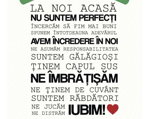 Tipografie cu textul ''La noi acasă nu suntem perfecți''