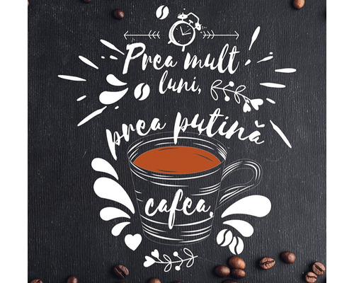 Grafică cu ceașcă de cafea și text pe fundal întunecat