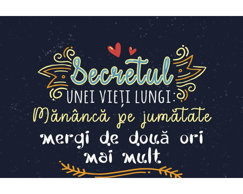 Inscripția este: Secretul unei vieți lungi: Mănâncă jumătate, mergi de două ori mai mult.