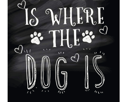Ilustrație cu textul: Aici este unde este câinele, cu urme de labe de câine și inimi