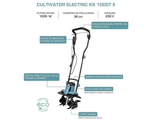 Cultivator electric cu putere motor 1000 W, diametru de lucru 36 cm și tensiune 230 V