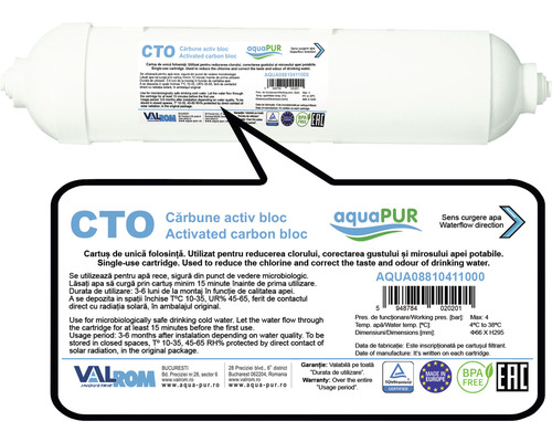 Cartuș filtrant de apă cu bloc de cărbune activ pentru reducerea clorului și îmbunătățirea gustului și mirosului apei potabile