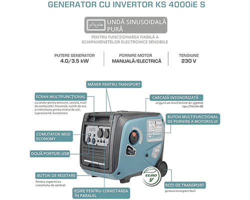 Generator cu invertor, cu diverse funcții și date de performanță.