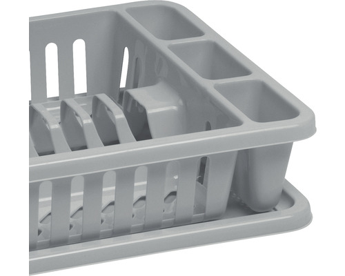 Uscător de vase din plastic cu compartiment pentru tacâmuri și tavă de scurgere
