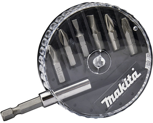 Set de biți Makita cu diferite biți de șurubelniță într-o cutie rotundă de plastic
