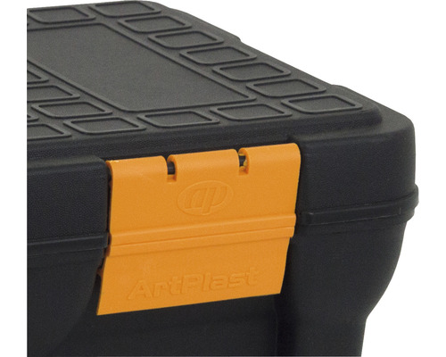 Prim-plan al unei cutii de scule din plastic cu sigla ArtPlast.