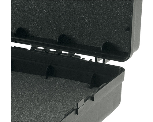 Imagine detaliată a unei cutii de scule negre cu inserție de spumă