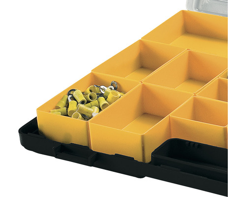 Vizualizare detaliată a unei cutii de sortimente cu compartimente galbene, dintre care unul este umplut cu contacte tubulare