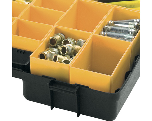 Cutie de sortiment cu compartimente galbene și diverse materiale de instalații