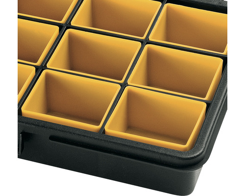 Cutie de sortiment cu compartimente galbene pentru depozitarea pieselor mici