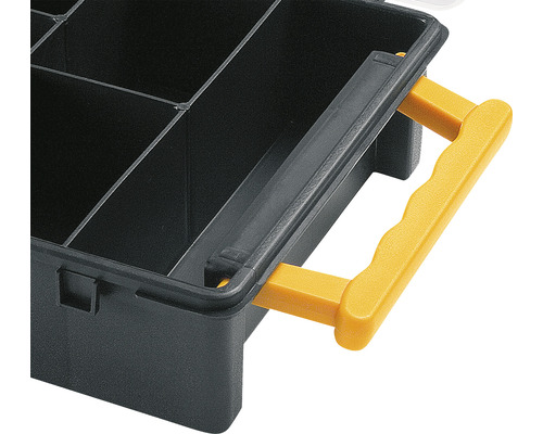 Vizualizare detaliată a unei cutii de scule cu compartimente și mâner.