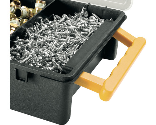 Șuruburi într-o cutie de sortare neagră cu un mâner galben