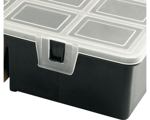 Vizualizare detaliată a unei cutii de sortare negre cu capac transparent