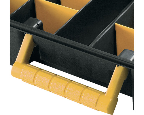 Imagine detaliată a unei cutii de scule cu mâner galben și compartimente