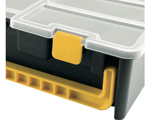 Imagine detaliată a unei cutii de scule cu capac transparent și închizătoare galbenă