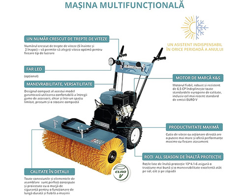 Mașină multifuncțională cu caracteristici precum trepte de viteză, faruri LED, manevrabilitate, motor K și S, productivitate ridicată, roți pentru toate anotimpurile și sigiliul Euro V