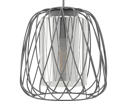 Lampa suspendată cu abajur din sârmă metalică și cilindru de sticlă