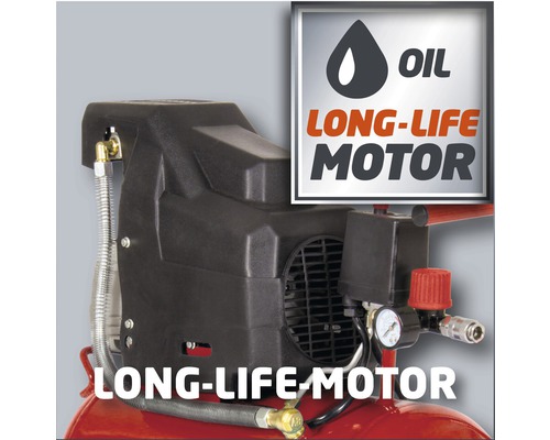 Prim-plan al unui compresor cu un simbol de ulei care indică un motor de lungă durată.